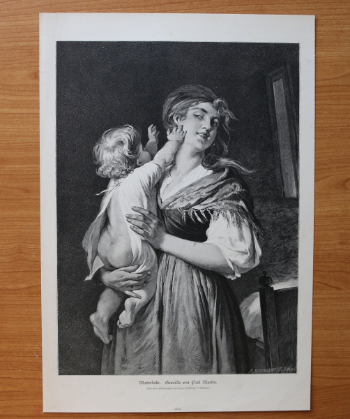 Holzstich Mutterliebe 1881 nach Gemälde Paul Martin Mutter Kind Kunst Künstler